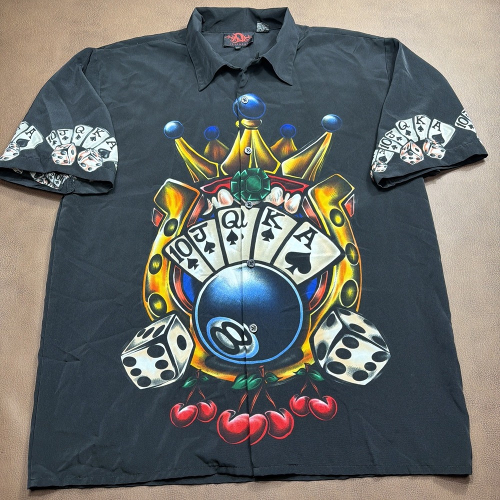 Vtg Dragonfly Clothing 90s Y2K Mens XL Short Sleeve Camp Shirt Baggy Fit Poker